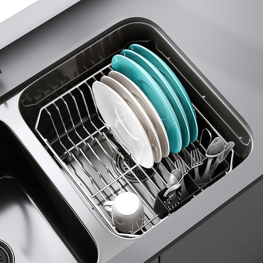 JASIWAY in Sink Dish Drying Rack, Stainless Steel Small Dish Drainer | Perfect Fit 12"x14" Double Bowl Sink, Counter Space Saving for Kitchen, Apartment, Sturdy Dish Dryer with Utensil Holder