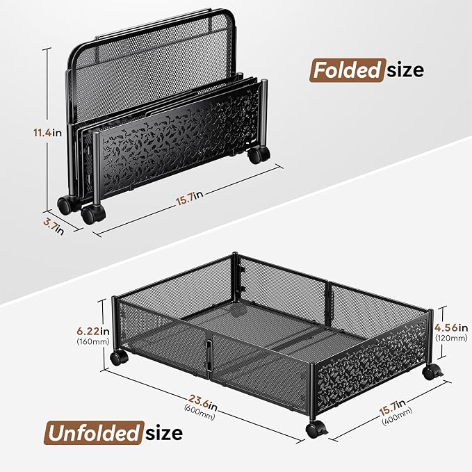 PHINOX Under Bed Storage with Wheels,Patterned,Sturdy Metal,4 Pack,Black | Tool-free assembly, glide smoothly, easy reach, foldable, maxmazie low-profile beds, dorm, keep seasonal clothes, shoes fresh
