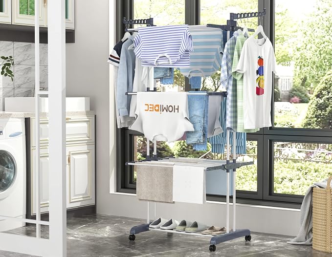 HOMIDEC Clothes Drying Rack, 4-Tier(67.7" H) Foldable Drying Rack Clothing | Foldable Stainless Steel Drying Rack, Movable Laundry Drying Rack with 4 Castors and 14 Hooks for Bed Linen, Clothing, Grey