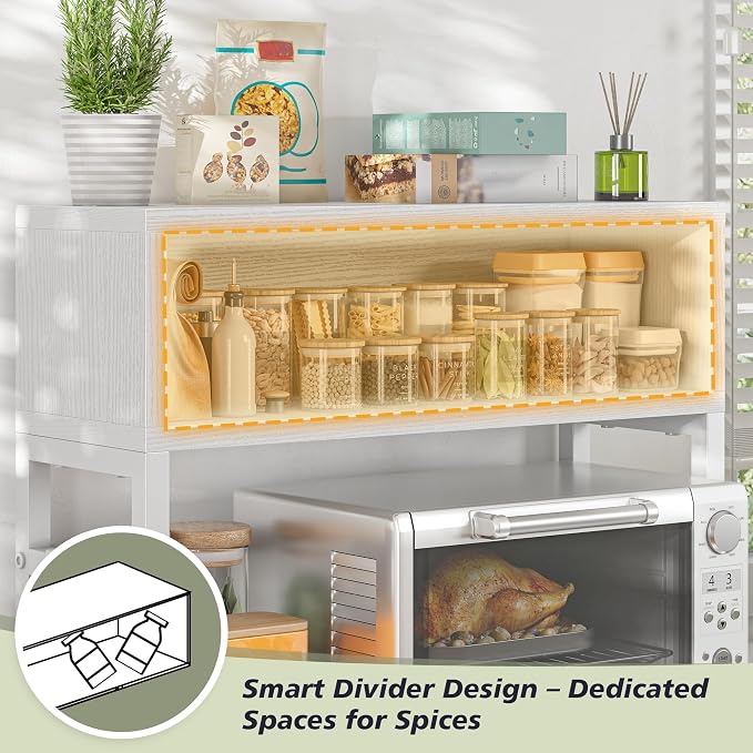 EnHomee 4-Tier Microwave Stand for Kitchen Storage, White | 205 lb Capacity, Adjustable Kitchen Shelves with 9 Hooks & Cutting Board Rack