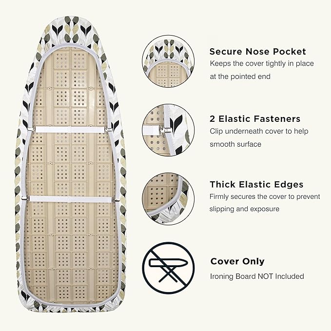 UniSimp Ironing Board Cover and Pad 18"x49" Extra Thick Natural Cotton, Scorch and Stain Resistant Iron Board Cover, Wide Ironing Board Cover with Fasteners Heavy Duty Heatproof Elastic Edge Foliage