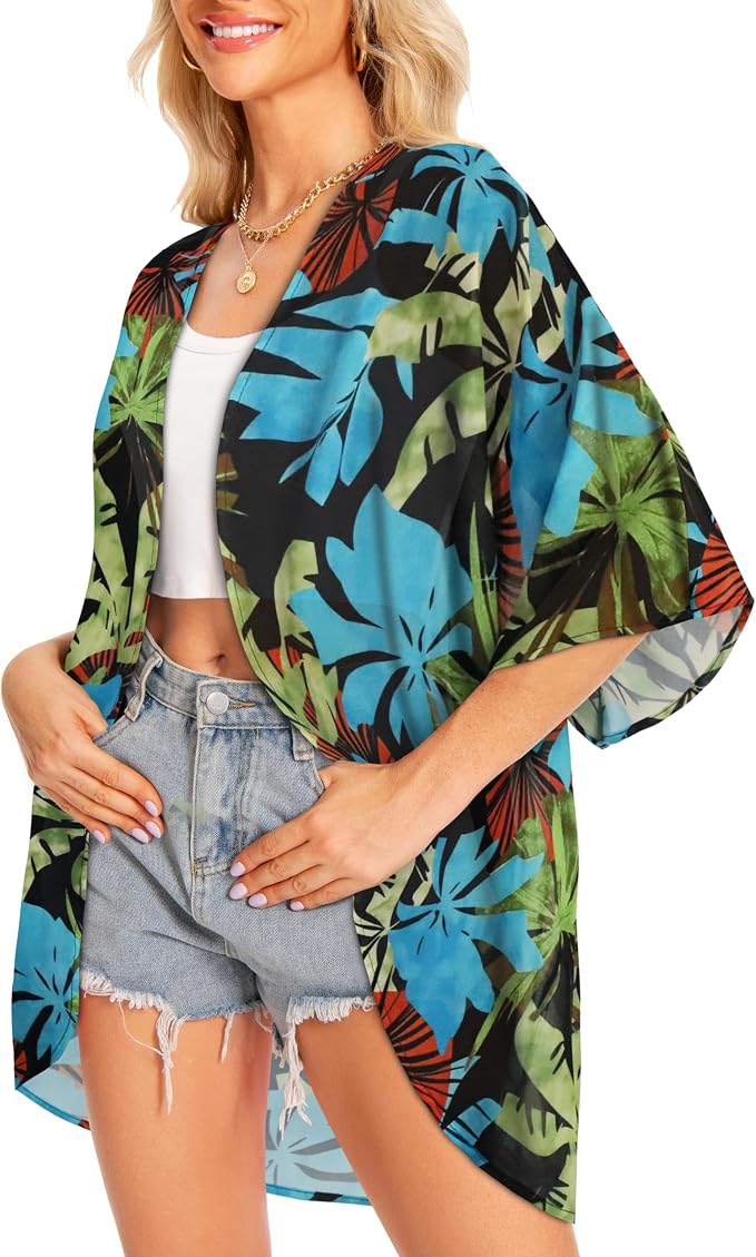 Women Kimono Cardigans Summer Cover Up Hawaiian Shirts Floral Print Tops | ROSEMIA chiffon kimono open front cardigans, beach cover ups, daily casual tops, cruise outfits, summer resort wear