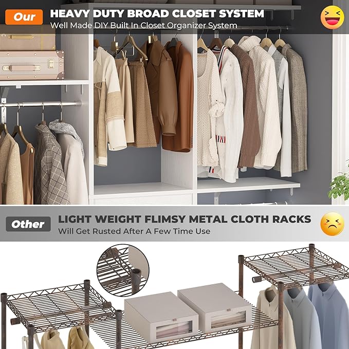 Armocity 5FT Small Closet System with 3 Fabric Drawers, 60 Inches Walk In Closet Organizer System With 3 Adjustable Shelves, Heavy Duty Clothes Rack Built-In Garment Rack, 59" L x 16" W x 71" H, White