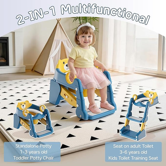Potty Training Seat, 2-in-1 Toddler Toilet Training Seat & Potty Chair for Kids Boys Girls, Height Adjustable Toilet Seat with Splash Guard, Stable Wide Base Design, Anti-Slip Steps Stool