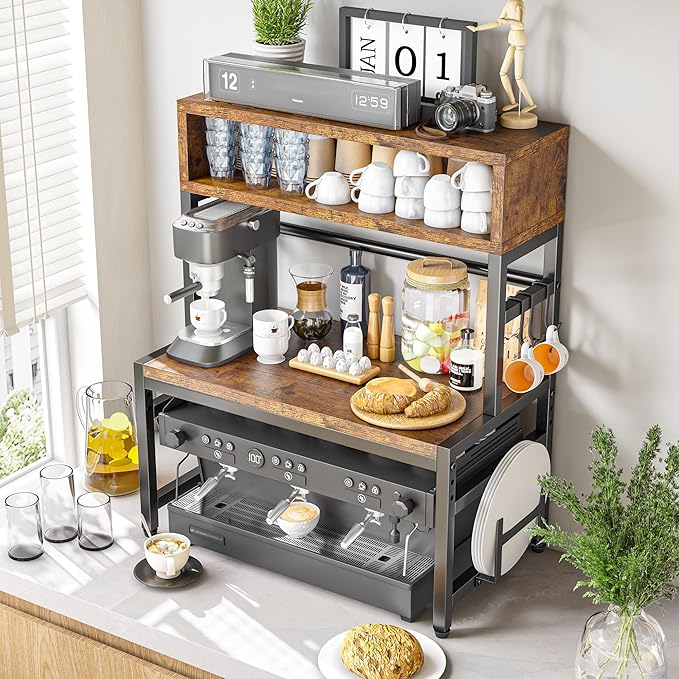 EnHomee 4-Tier Microwave Stand for Kitchen Storage, Brown | 205 lb Capacity, Adjustable Kitchen Shelves with 9 Hooks & Cutting Board Rack