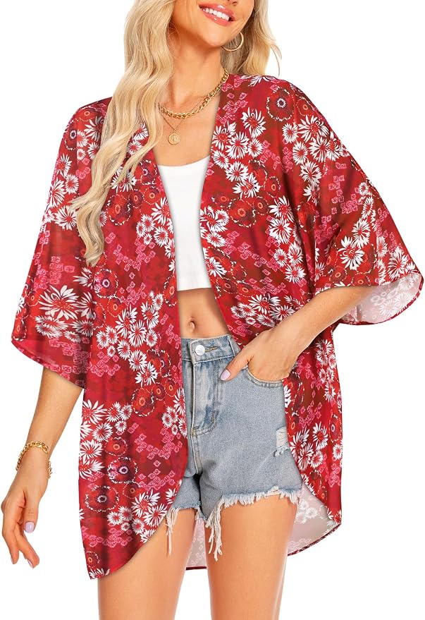 Women Kimono Cardigans Summer Cover Up Hawaiian Shirts Floral Print Tops | ROSEMIA chiffon kimono open front cardigans, beach cover ups, daily casual tops, cruise outfits, summer resort wear