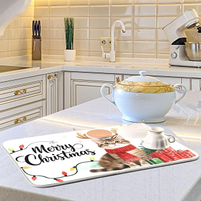 Merry Christmas Kitty Dish Drying Mat for Kitchen Countertop 16x18 Winter Cat Xmas Reindeer Small Drying Mat Reusable Quick Dry Dish Sink Mats Easy Clean Decorative Essentials