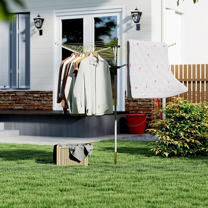 tonchean 165 Feet Clothesline Outdoor Umbrella Drying Rack, 4-arm Rotary Umbrella Clothesline for Laundry Adjustable Height Rotary Dryer Collapsible Clothes Drying Rack with 12-Lines