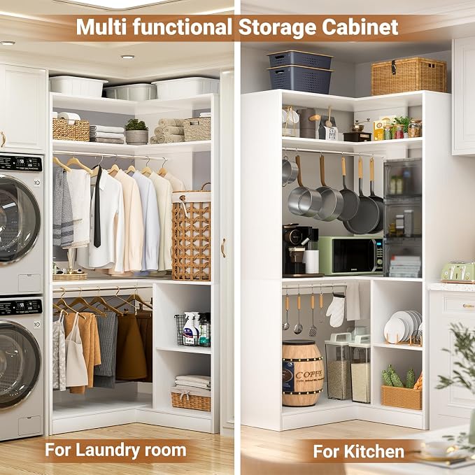 Aheaplus Corner Closet System With Shelves, 34'' Organizer With Hanging Rods, Wood Walk-in for Small Space, Freestanding Tower, L Shaped Garment Rack, White
