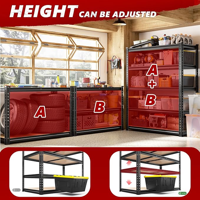 REIBII 5 Tier Garage Shelving for Pantry, Adjustable Storage Shelves | 35.5" W x 11.9" D x 72" H, Holds 2400 Lbs, 5 Reinforcing Ribs, Steel Frame with Powder Coat, Tool-Free Assembly, Freestanding