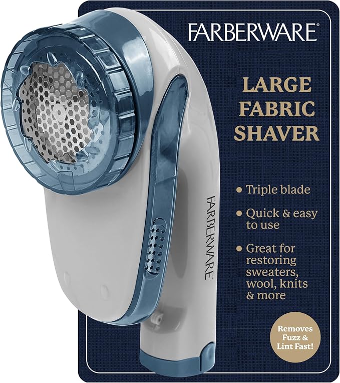 Farberware Fabric Shaver & Lint Remover for Clothing, Large, Triple Blade | Sweater shaver removes pilling, fuzz, and lint balls from clothes, couch, and furniture, battery operated