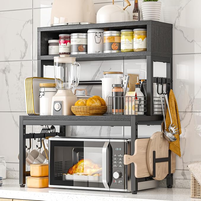 EnHomee 4-Tier Microwave Stand for Kitchen Storage, Black | 205 lb Capacity, Adjustable Kitchen Shelves with 9 Hooks & Cutting Board Rack
