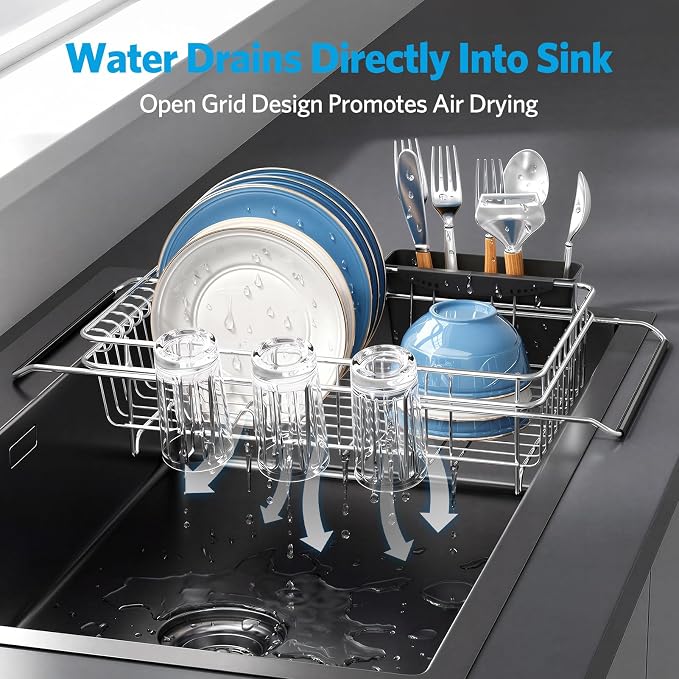 Delamu Over The Sink Dish Drying Rack for Small Kitchen | Expandable Stainless Steel in Sink Dish Drainer, Dish Rack for Kitchen Inside Sink with Utensil Holder, Rustproof, Large