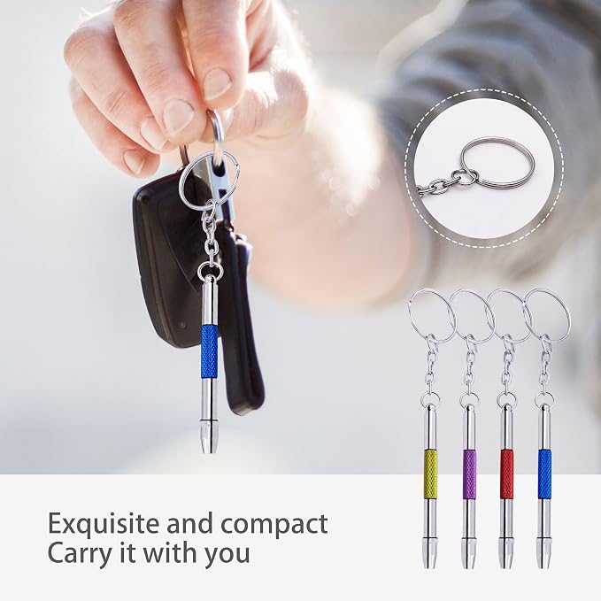 4 Pcs Mini Eyeglass Screwdriver, 4 in 1 Watches Precision Screwdriver Kit, Eyeglass Repair Set, Sunglass Watch Toy Repair with Keychain, Stainless Steel Alloy Watchmaker Tool(4 colors)