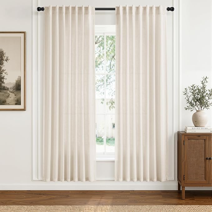 Hokibero Cream Linen Curtains 78 Inches Long for Living Room 2 Panels | Light Filtering Semi Sheer Curtain, Back Tab Rod Pocket Pleated Look, Beige Window Drapes for Bedroom Privacy, Boho Farmhouse