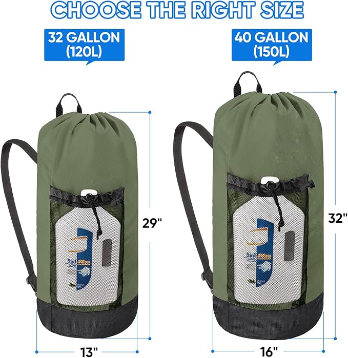 BALEINE 2PK 150L Laundry Bag Backpack, 900D Oxford Fabric Large Travel Laundry Bags with Shoulder Straps and 2 Mesh Pockets for College Dorm, Apartment, Laundromat (Green, 150L)