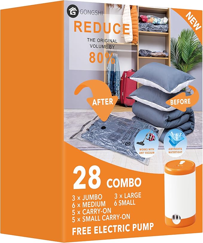 GONGSHI Vacuum Seal Bags for Clothing Travel & Home Storage, Travel Vacuum Bags with Electric Pump,Space Saver for Blankets, Comforters, Pillows, Clothes,28 Combo