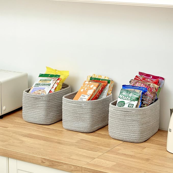 R RUNKA Small Cotton Rope Basket – Storage Bin for Organizing (10.6" x 6.7" x 6.7"), Bathroom Storage Basket for Shelf, Counter & Closet（Grey）