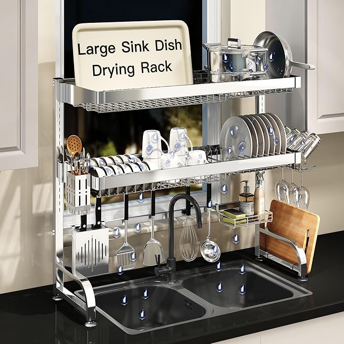 MAJALiS 3 Tier Extra Large Stainless Steel Expandable Over The Sink Dish Drainer Drying Rack, Rust Proof Metal, Space Saving, Modern Silver Big Capacity Extendable Plate Strainers Kitchen Counter