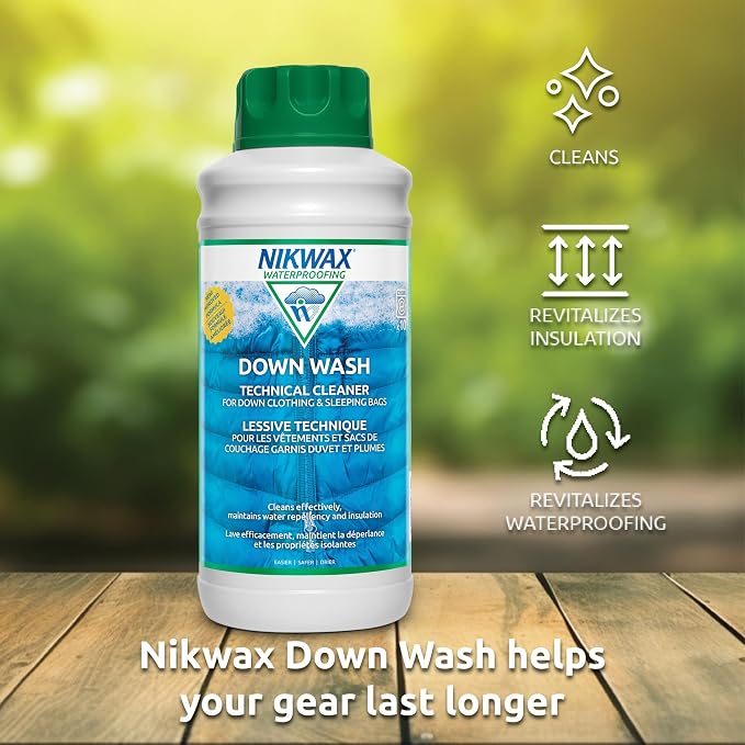 Nikwax Down Wash, 1L, Detergent for down jackets and sleeping bags, outdoor apparel, clean, care, protect