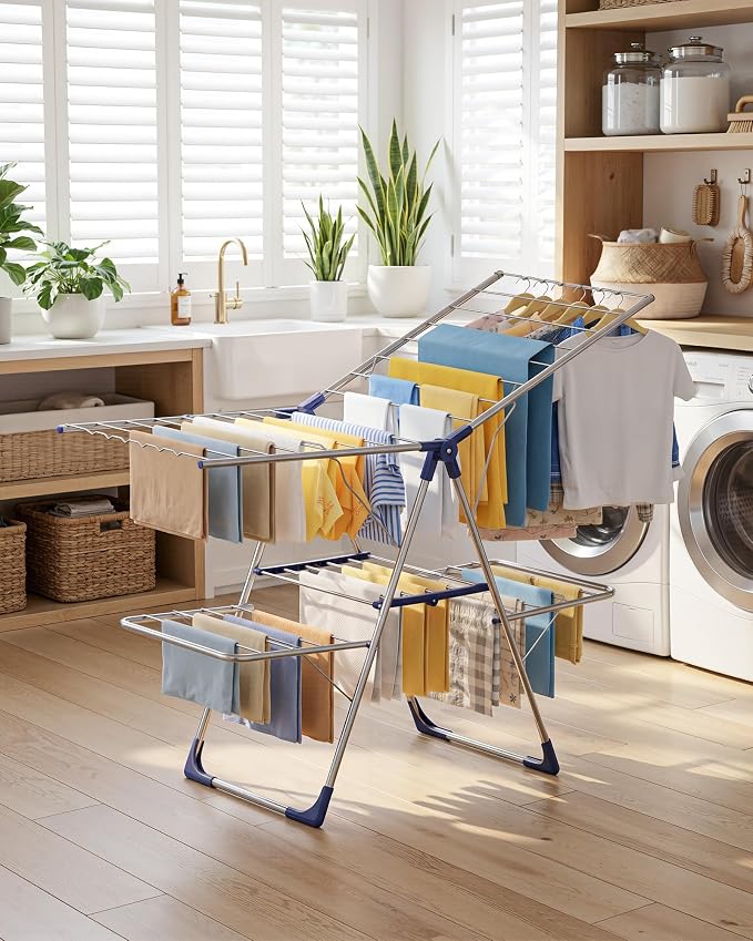 Sakugi Clothes Drying Rack, Foldable 2-Level with 55.5" Adjustable Wings | Laundry Room, Bedroom, Indoor & Outdoor Use, Height Adjustable, Clothing & Bedding, 55.5" L × 22.8" W, Silver and Blue