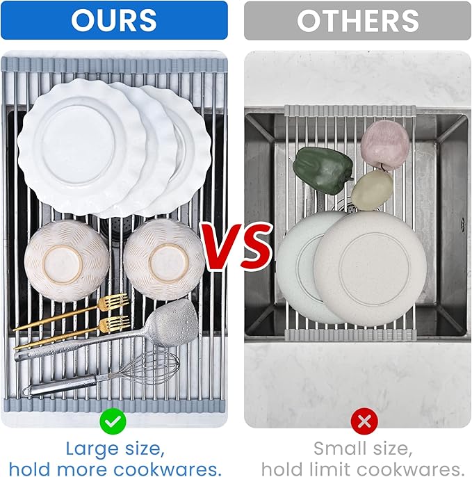 304 Stainless Steel Roll Up Dish Drying Rack | Adjustable Over The Sink Dish Drying Rack for Kitchen, 10"-20" Foldable Dish Rack for Drying Dishes & Draining Items