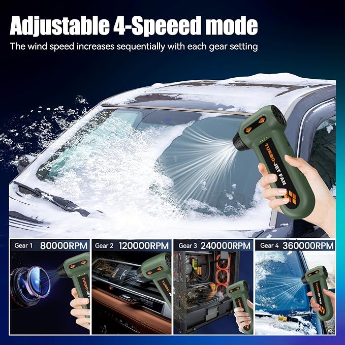 Compressed Air Duster 360000RPM Electric Air Duster Variable Speed 430G 4 Gear Adjustable Rechargeable Cordless Jet Dry Blower Turbo Fan Dryer Air Blower Mini Car Vacuum Cleaner Small Green