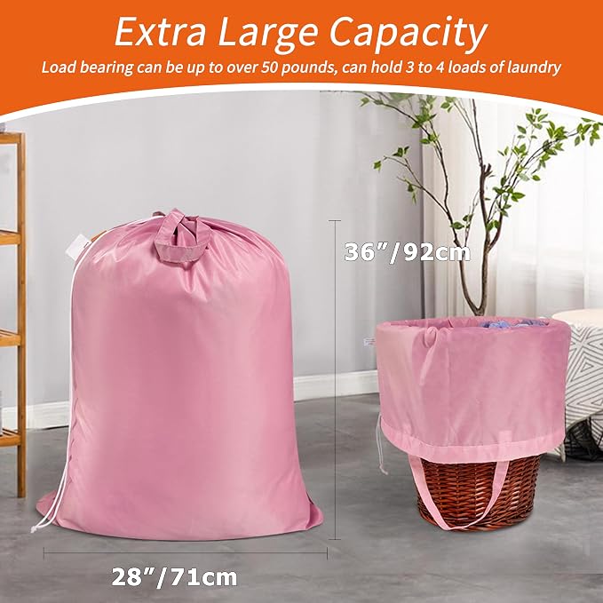 2 Pack Extra Heavy-Duty Laundry Bag with Handles, Pink, 28x36" | Extra Large, Name ID Tag, Machine Washable, Reinforced Handles, Drawstring Closure, For College Dorm Travel
