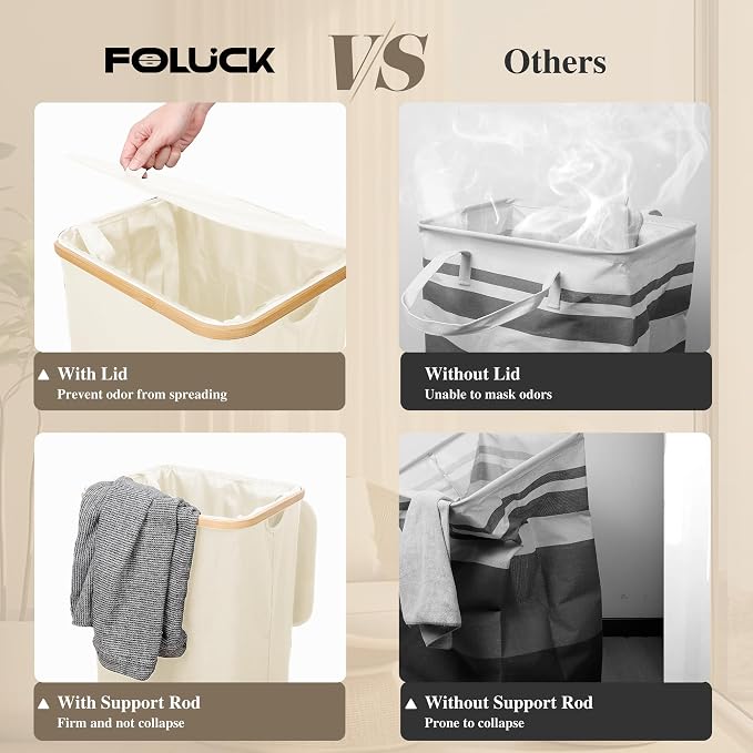 Foluck Large Laundry Hamper, 100L Waterproof Laundry Basket with Lid and Removable Bag, Collapsible Tall Clothes Hamper with Bamboo Handles for Clothes Toys in Dorm Bedroom Bathroom, Beige, ZYL101-W