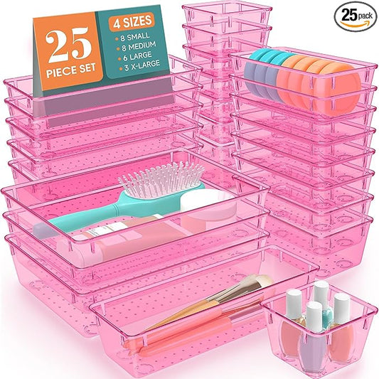 SpaceHacks 25 PCS Plastic Drawer Organizer Set, 4-Size Versatile Organizer Trays & storage Bins for Makeup, Jewelry, and Gadgets in Bathroom, Bedroom and Office, Clear Pink