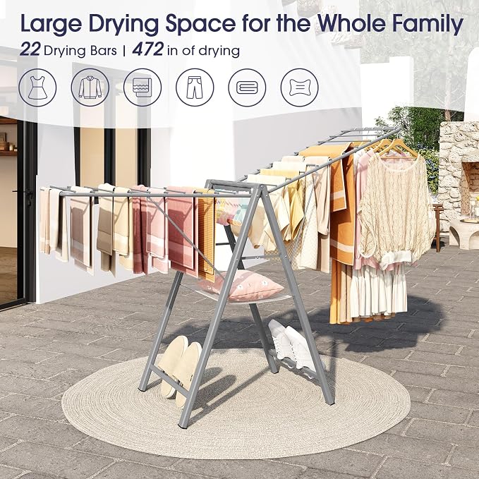 APEXCHASER Clothes Drying Rack, 67.7" L Height Adjustable, Foldable, Grey | 1.5"Folded, No Assembly, Space-Saving, Spacious Design, Adjustable Wings, Clips, Mesh Shelf, Shoe Rack, Indoor & Outdoor Use