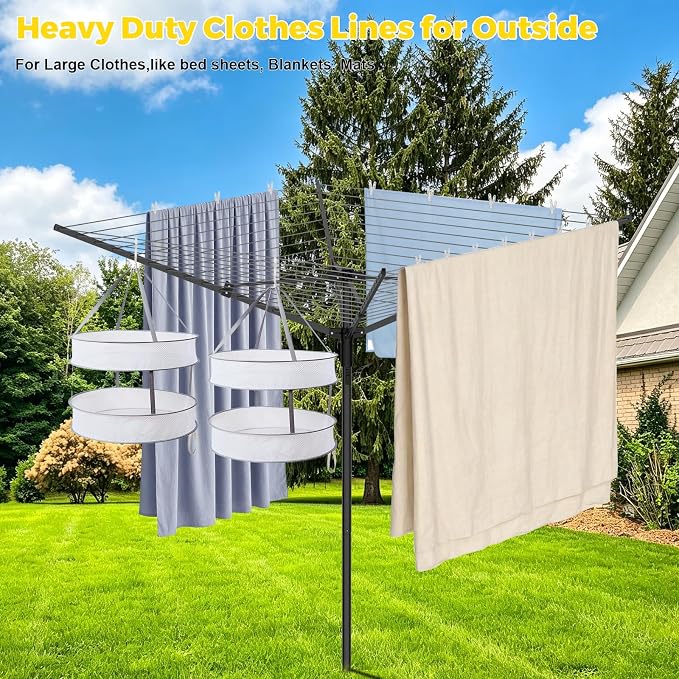 BAKON Heavy Duty Clothesline Outdoor,40M Rotary Adjustable Tension Umbrella Drying Rack, Anti-Sag Line for Large Clothes Bedding for Backyard Lawn Patio RV Camping