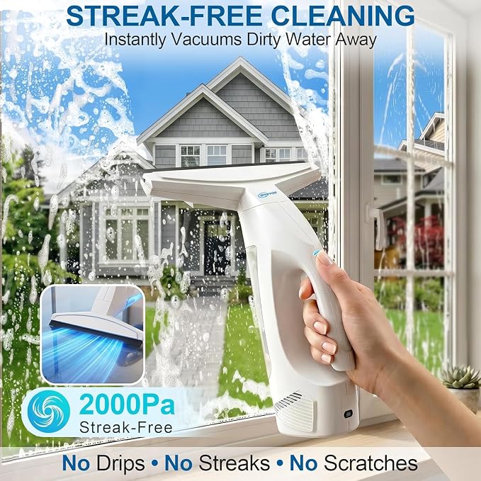 GARYOG Window Vacuum Squeegee Cordless,Electric Window Cleaner Kit with 31-40" Extendable Pole,2000Pa,2200mAh,150ml Tank,2 Squeegee Blades for Shower Glass,Tiles,Mirrors,Car.