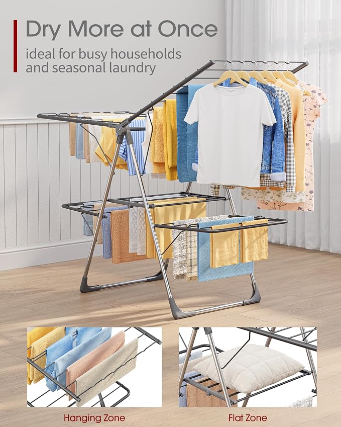 Sakugi Clothes Drying Rack, Foldable 2-Level with 55.5" Adjustable Wings | Laundry Room, Bedroom, Indoor & Outdoor Use, Height Adjustable, Clothing & Bedding, 55.5" L × 22.8" W, Gray