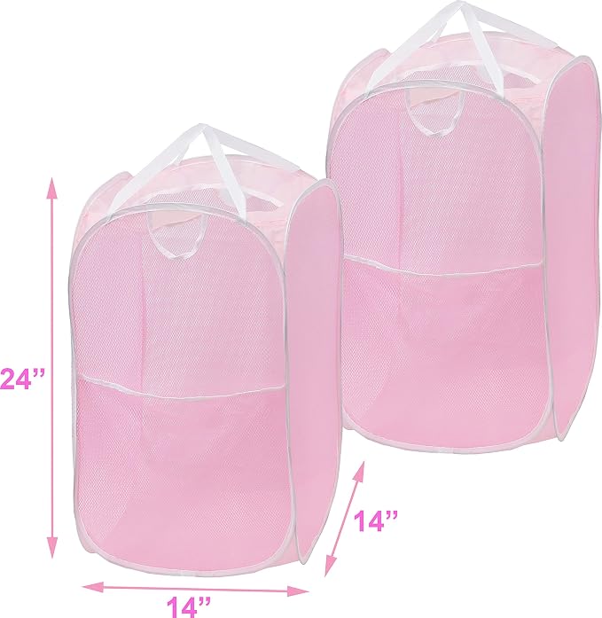 Simple Houseware Mesh Pop-Up Laundry Hamper with Side Pocket, 2 Pack, Pink