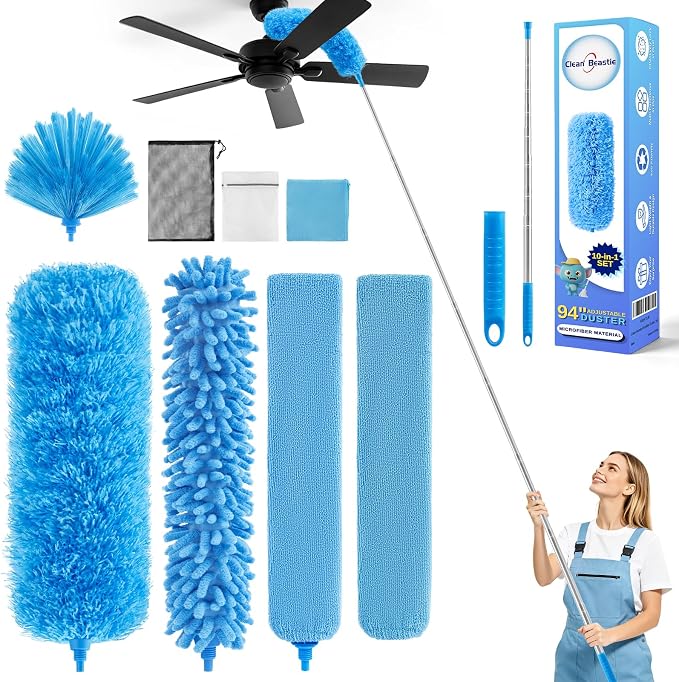 94'' Cobweb Duster with Extension Pole for High Ceiling, Fan | Bendable Microfiber Duster, Spider Web Brush with Telescoping Pole