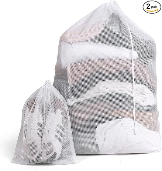 2 Pack Mesh Laundry Bags - Large & Small Heavy Duty Mesh Laundry Bag with Drawstring, Wash Bags for Travel, College, Dorms, Sports, Family, White