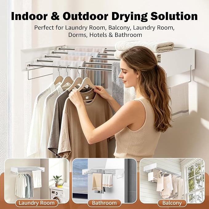 Wall Mounted Drying Rack 32" – Foldable Clothes Drying Rack Wall Mounted, 65 LBS Laundry Rack Wall Mounted, Retractable Clothes Rack for Laundry Room, Indoor & Outdoor Space Saver, 5 Rods, White