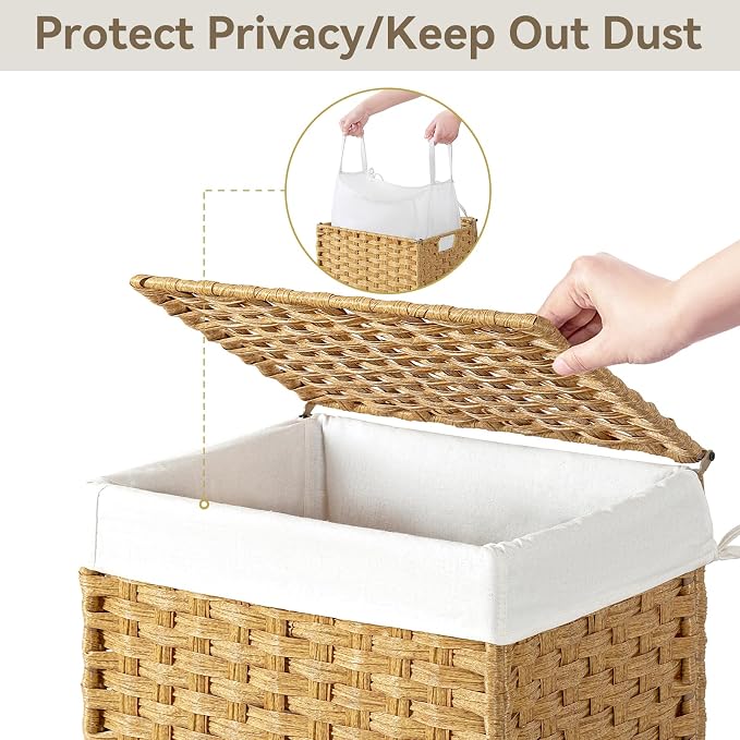 Chrislley Wicker Laundry Basket with Wheels,Rolling Laundry Hamper with Lid | 90L Slim Clothes Hamper with Wheels & Removable Liner Bag, Handwoven Rattan Laundry Organizer for Bedroom, Bathroom, Yellow