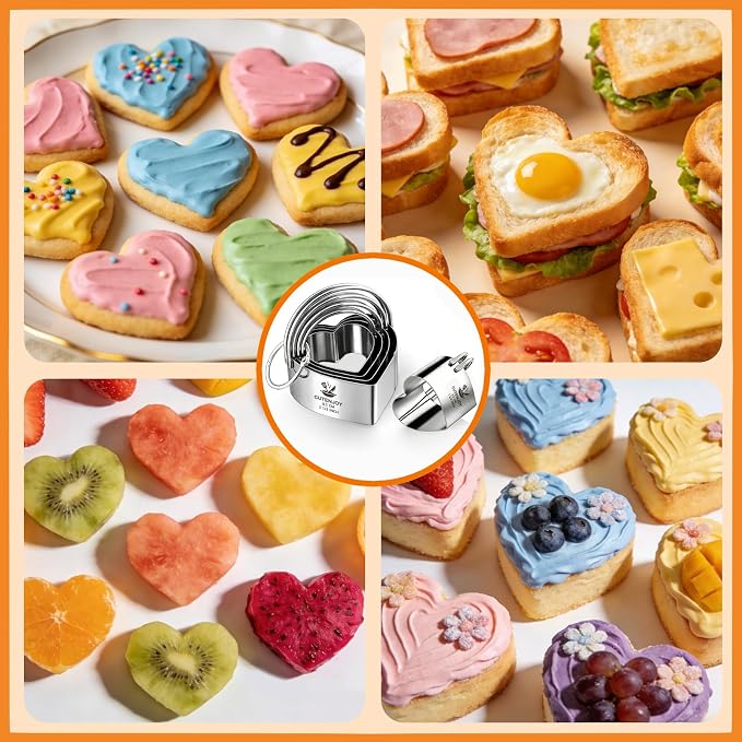 Heart Cookie Cutters, 5 Piece Biscuit Cutters with Handle, Stainless Steel Heart Shaped Cookie Cutter for Sandwiches, Cookie, Biscuit