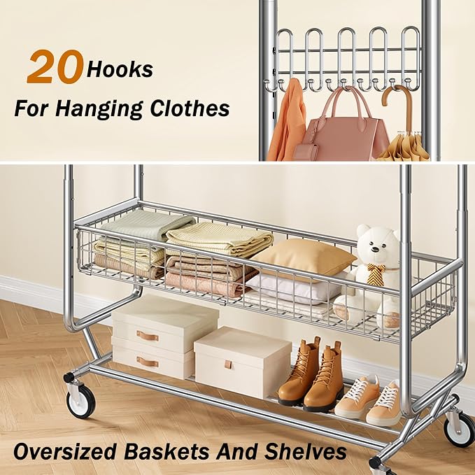 Gewudraw Clothes Rack Heavy Duty Load 1060 LBS With 4" Wheels,Commercial | Double Rod Rolling Clothing Rack,Extendable,Basket,Shelf, Hooks,Garment Rack for Bedroom, Laundry Room & Retail Store,Silver