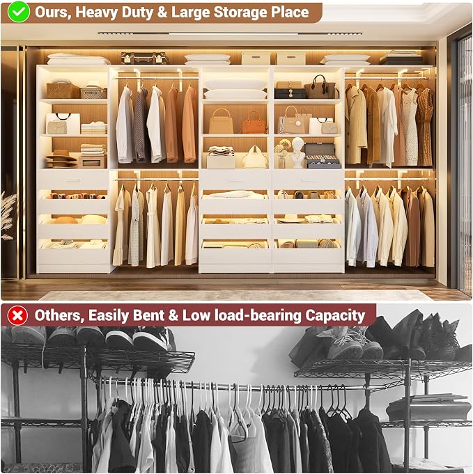 Aheaplus Closet System with 12 Drawers, 138.5" Wood Closet Organizer System with 4 Hanging Rods & Top Shelves, 6.7+4.85Ft L Shaped Corner Walk-in Closets Wardrobe Organizer Rack, Set of 3, White