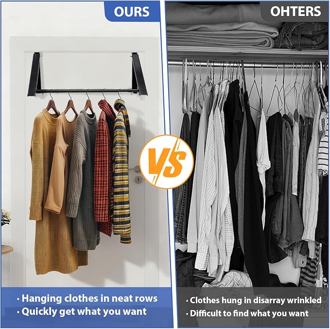 Over The Door Hanger, Foldable Over The Door Drying Rack with 20"-32" Expandable Width, Space Saving Doors Clothes Hanger for Laundry, Bathroom, Apartment, Fits Doors up to 1-1/4”, Metal, Black
