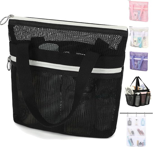 GYEUKHAM Mesh Shower Bag with 2 Zipper Pockets & Dual Handles, Quick-Drying Hanging Shower Caddy for College Essentials,Sunscreen,Dorm, Gym, Travel & Camping, Black