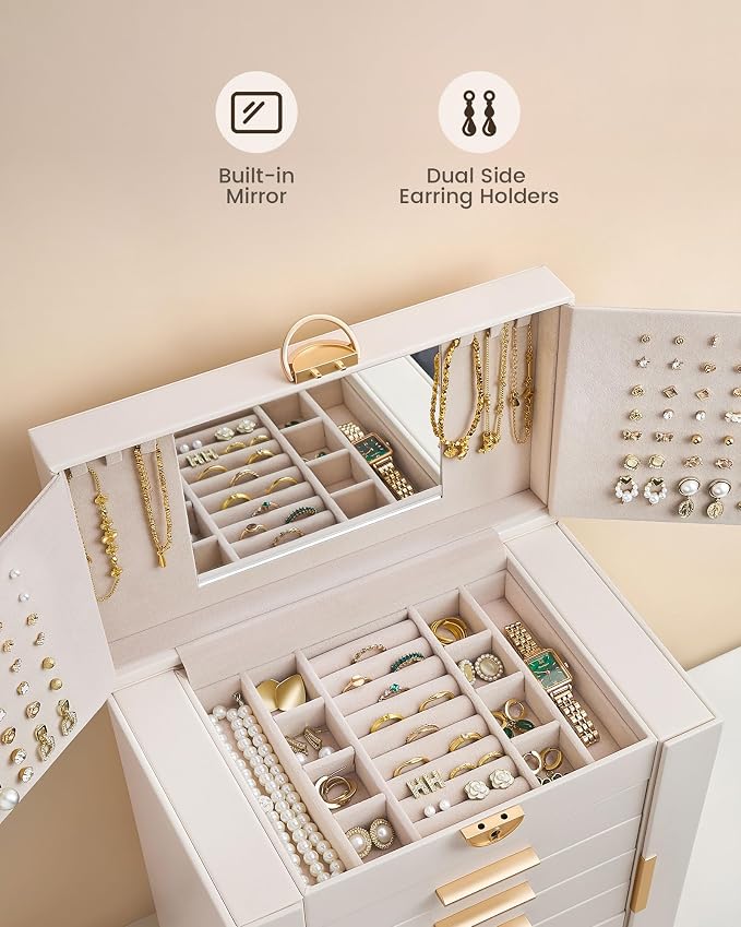 Lolalet Large Jewelry Box Organizer for Women, 7-Layer Jewelry Organizers and Storage Case with Mirror & 6 Drawers, Lockable Watch Ring Earring Bracelet Necklace Holder Girls Gift -7Layer, Beige