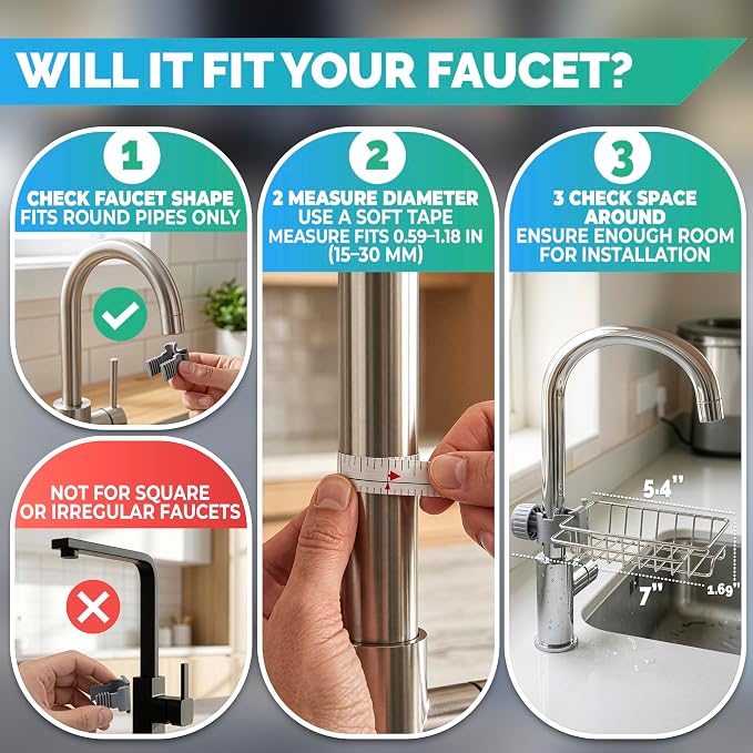 Kitchen Sink Faucet Organizer - 360° Rotating Rust-Resistant Caddy for Dish Sponge & Soap - 6.77" x 5.32" x 1.73" Stainless Steel Sponge Holder for Kitchen Sink Around Faucet, Fits 0.59-1.18 in Pipes