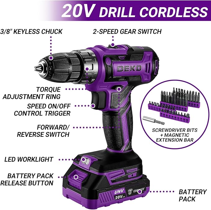 Drill Tool Kit Set: 20V Cordless Power Drill Tool Box with Battery Electric Drill Driver for Men Home Hand Repair Basic Toolbox Tools Sets Drills Case, Purple