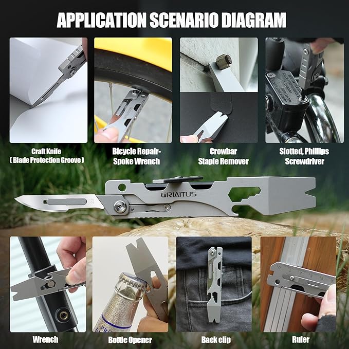 Multitool Pry Bar Wrench Tool Flat/Phillips Screwdriver, EDC Gifts for Men | Folding Multi-tool Box Cutter Blade Knife, Bottle Opener, Steel Handle, Everyday Carry, Cycling, Camping EDC Pocket Gadget