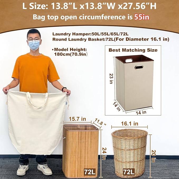 Heavy Duty Canvas Laundry Bags with Square Base 13.8"Wx13.8"Dx27.6"H, Beige | Extra Large Laundry Hamper Bag, Washable Drawstring Dirty Clothes Sack with Handles for College Dorm, Home Storage, 1 Pack