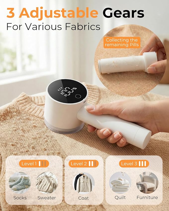 Fabric Shaver, 2 in 1 Rechargeable Sweater Shaver with Lint Roller, Magnetic Cap, Digital Display, 2 Extra Blades, Defuzzer for Clothing Furniture Couch